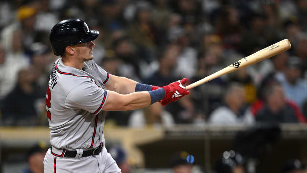 Apr 18, 2023; San Diego, California, USA; Atlanta Braves catcher Sean Murphy (12) watches his home run against the San Diego Padres during the fourth inning at Petco Park.